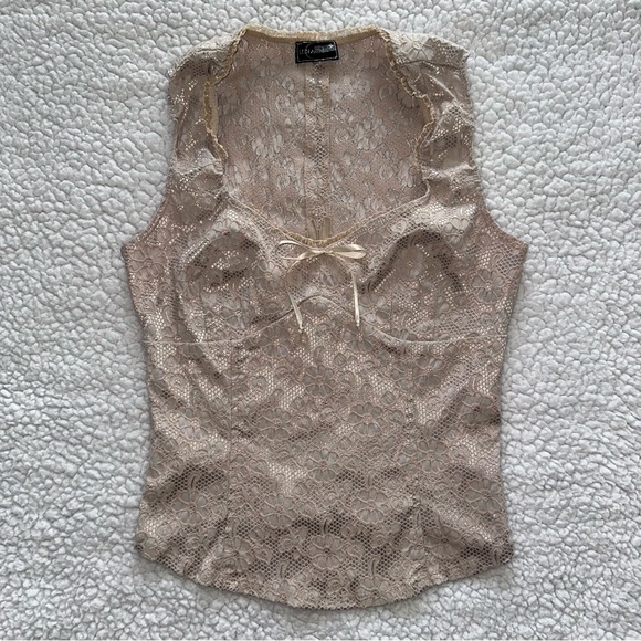 VTG Y2K coquette corset bow tank top floral gold lace top stretchy fairy core L - Picture 3 of 15